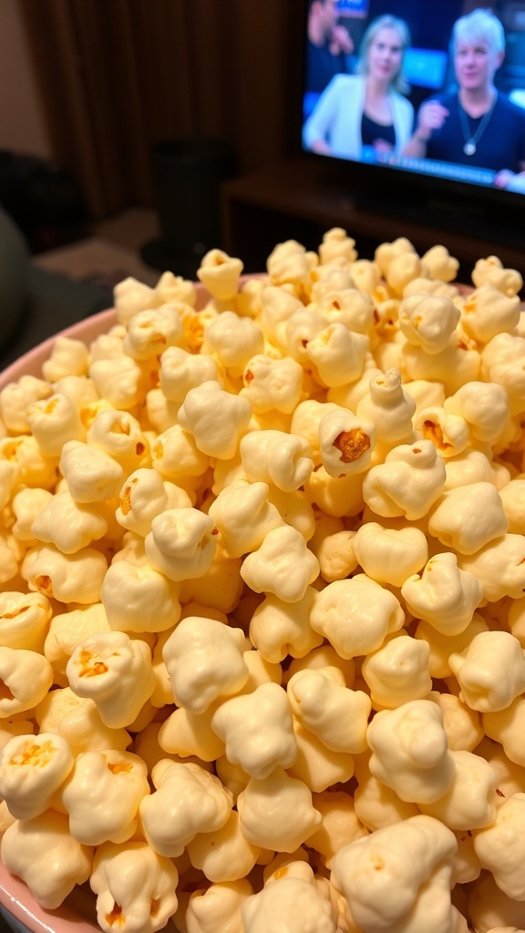 A bowl of buttery popcorn ready for movie night, with a cozy setting in the background.